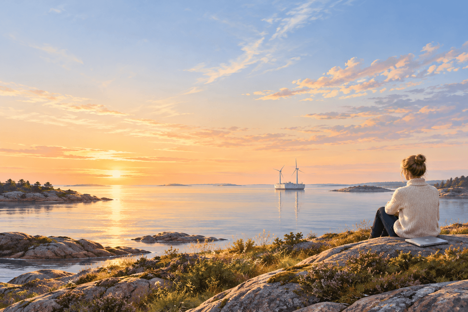 A person sits on the rocks of a Swedish coastline at sunrise, looking out at an offshore vessel carrying wind turbines.