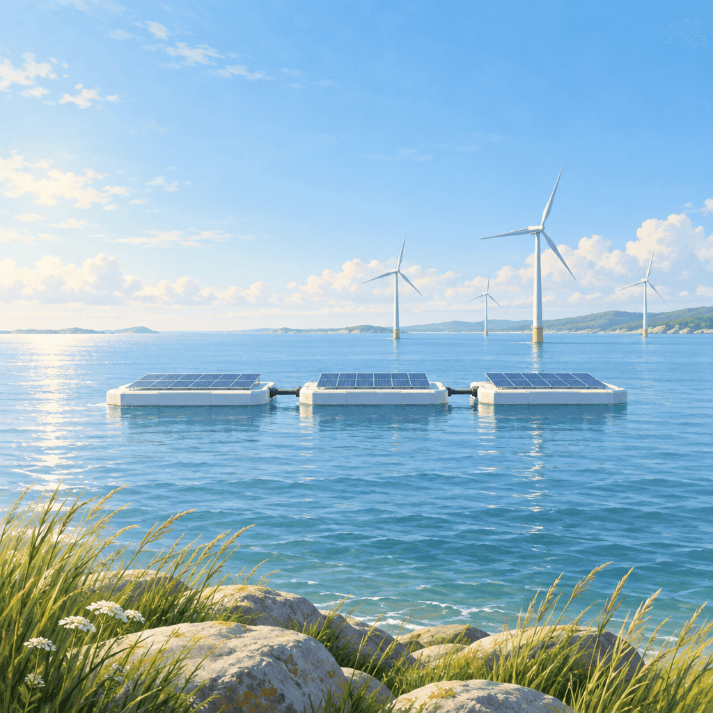 Floating solar platforms on calm sea with offshore wind turbines and a distant coastline.